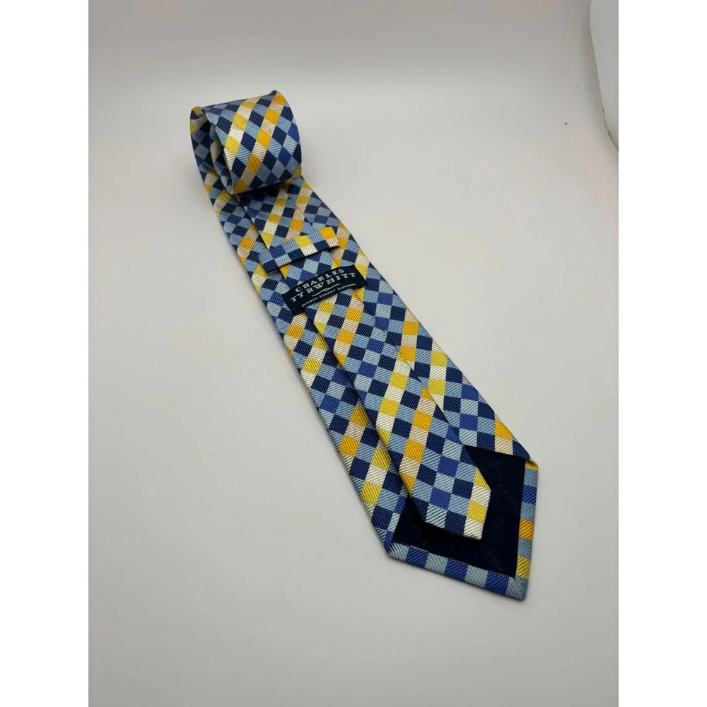 Charles Tyrwhitt Mens Silk Tie Blue Yellow Geometric Diamond Made in England